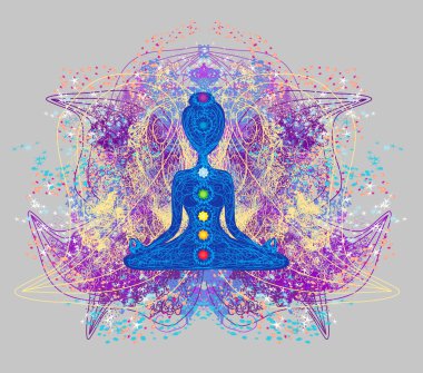 Kız oturur ve meditasyon yapar. Klasik dekoratif kompozisyon