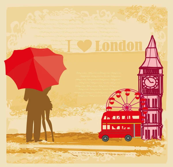 Romantic couple of Tourists in London, abstract vintage card — Stock Vector