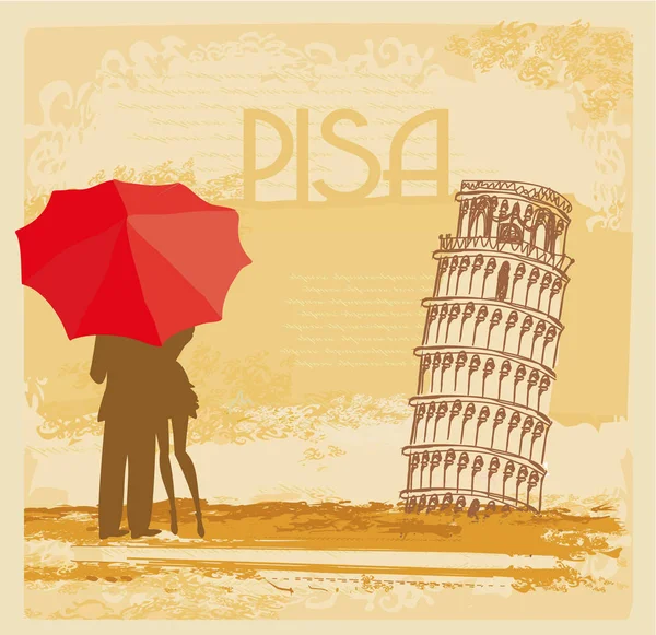 Pareja romántica de turistas en Pisa, tarjeta vintage abstracta — Vector de stock