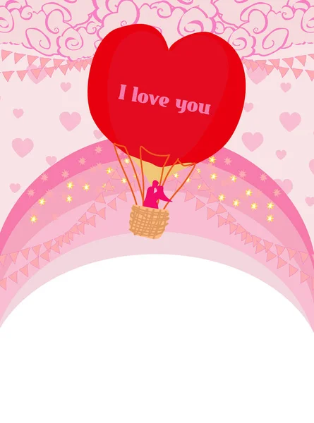 熱気球とロマンチックなカップル-バレンタインカード — ストックベクタ