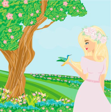 İlkbaharda yürüyüşe çıkmış güzel bir kız