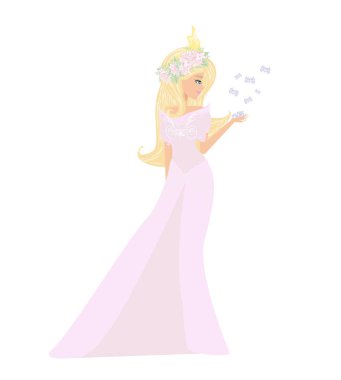 Pembe elbiseli güzel prenses, izole edilmiş.