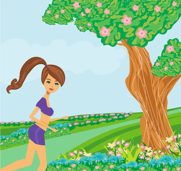 Chica trotando en el parque en un hermoso día de primavera — Vector de stock