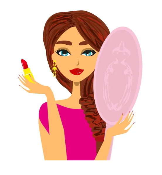 Beautiful Girl Putting Lipstick — Stock Vector