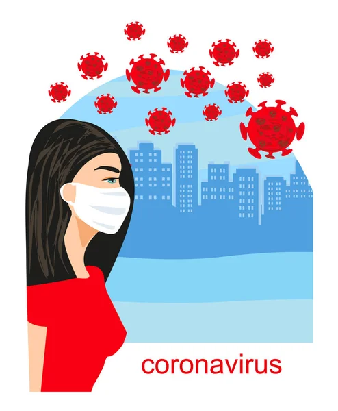 Coronavirus Epidemic Young Female Character Wearing Protectiv — Stock Vector