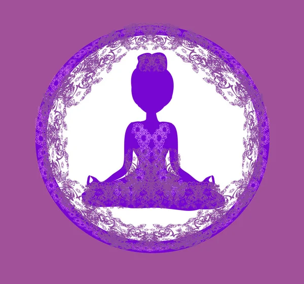 Lotuslu Kız Meditasyon Yapıyor Soyut Dekoratif Kart — Stok Vektör
