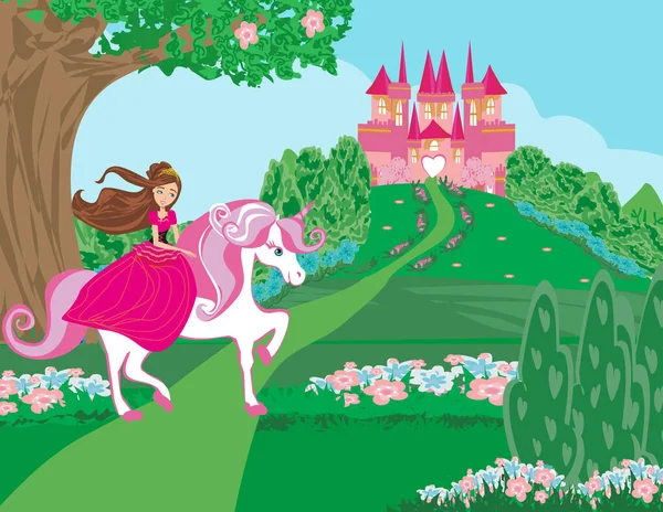 Sweet Little Princess Rijden Een Sprookjesachtige Paard — Stockvector