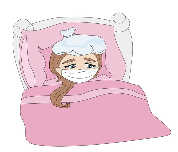 Ilustración Una Niña Enferma Acostada Cama — Vector de stock