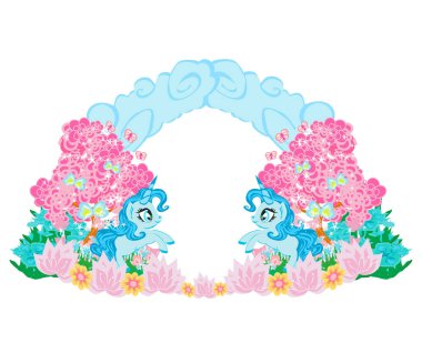 Şirin tek boynuzlu atlar, gökkuşağı ve çiçekli çayırlar.