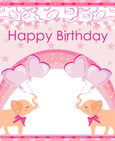 Pink Birthday Card Cute Elephants — Stock Vector