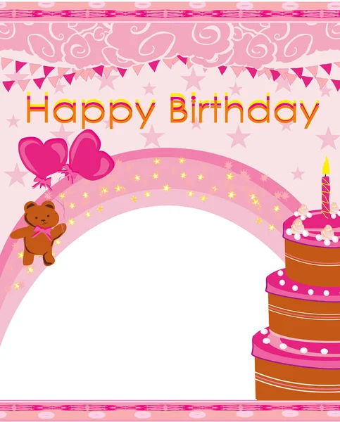 かわいいテディベアとケーキのピンクの誕生日カード — ストックベクタ