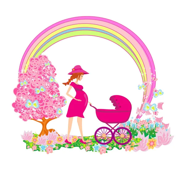 Mooie Zwangere Vrouw Duwen Een Kinderwagen Met Haar Dochter Decoratieve — Stockvector