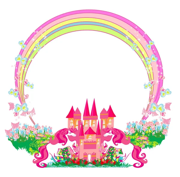 Card Cute Unicorns Rainbow Flowery Meadow — Stock Vector