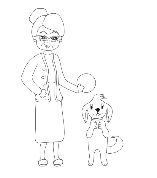 漫画老婦人とともに彼女の犬 ぬり絵 — ストックベクタ