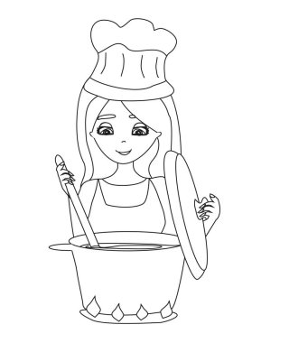 güzel kız yemek çorba, doodle illüstrasyon 