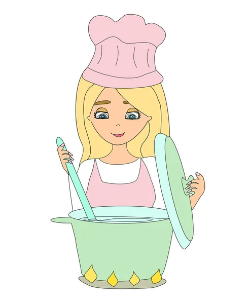 Menina Bonita Cozinhar Sopa Doodle Ilustração — Vetor de Stock