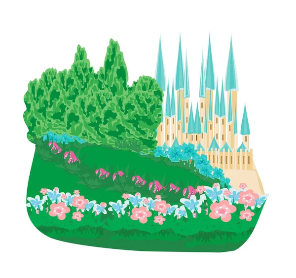 Paisaje Con Castillo Viejo Bandera Cuento Hadas — Vector de stock