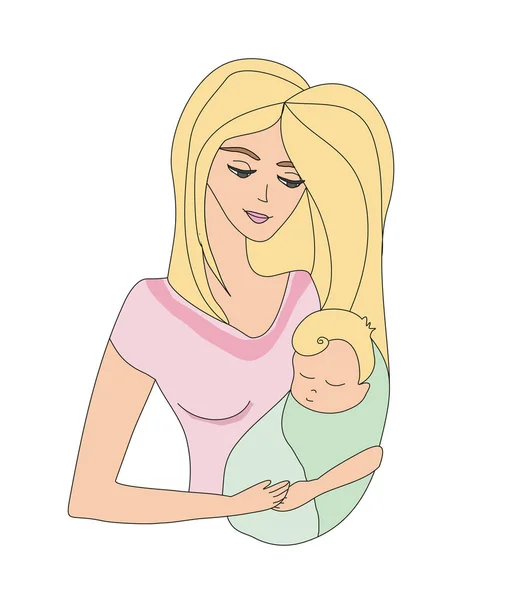 Jovem Bela Mãe Abraça Seu Filho Ilustração Doodle — Vetor de Stock