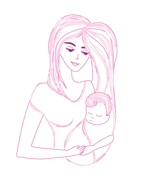 Young Beautiful Mother Hugs Her Child Doodle Illustration — Stock Vector