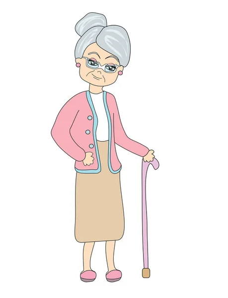 Old Woman Cane Doodle Isolated Illustration — Stock Vector