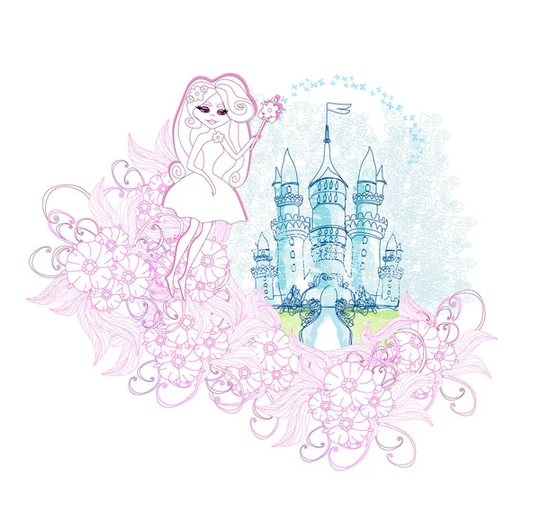 Fada Fundo Com Belas Flores Decorativas Rosa Doodle Castelo Conto —  Vetores de Stock