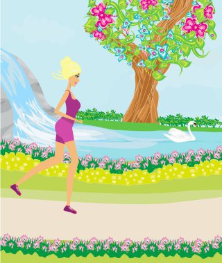 Güzel bir bahar gününde parkta koşan kız.