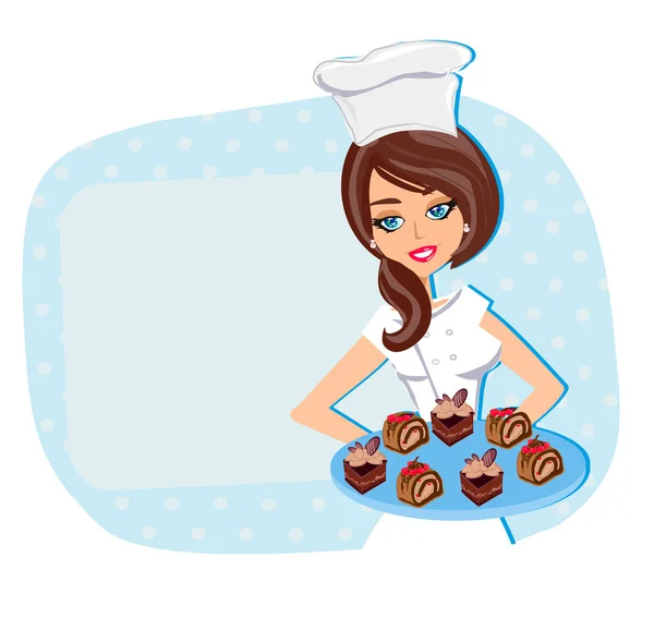 Beautiful Girl Serves Tasty Muffins — Stock Vector