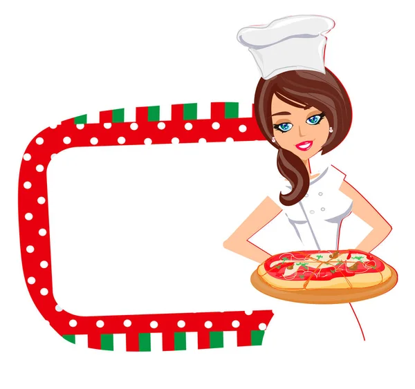 Schönes Mädchen Serviert Leckere Pizza — Stockvektor