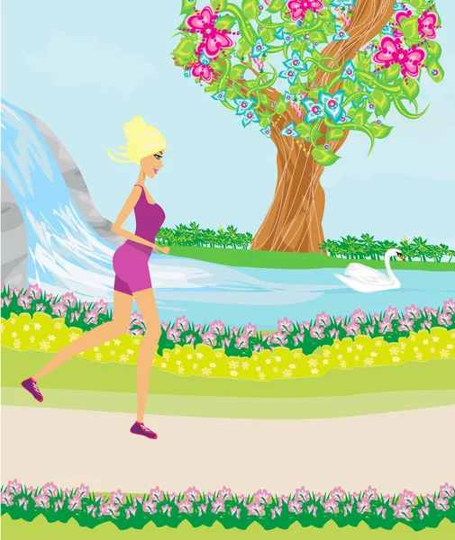 美しい春の日に公園でジョギングの女の子 — ストックベクタ
