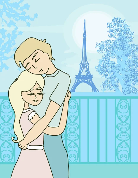 Paris Teki Aşıklar Eyfel Kulesiyle Romantik Kart — Stok Vektör
