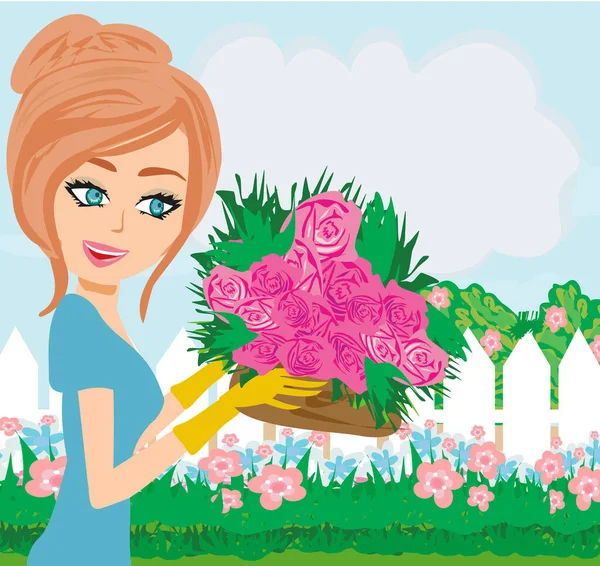 Beautiful Woman Plant Flowers Garden — Stock Vector
