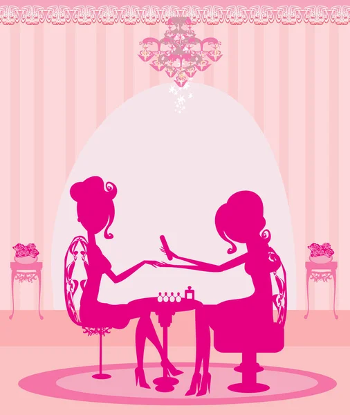 女士在美容院修指甲 雅致的粉红卡片 — 图库矢量图片