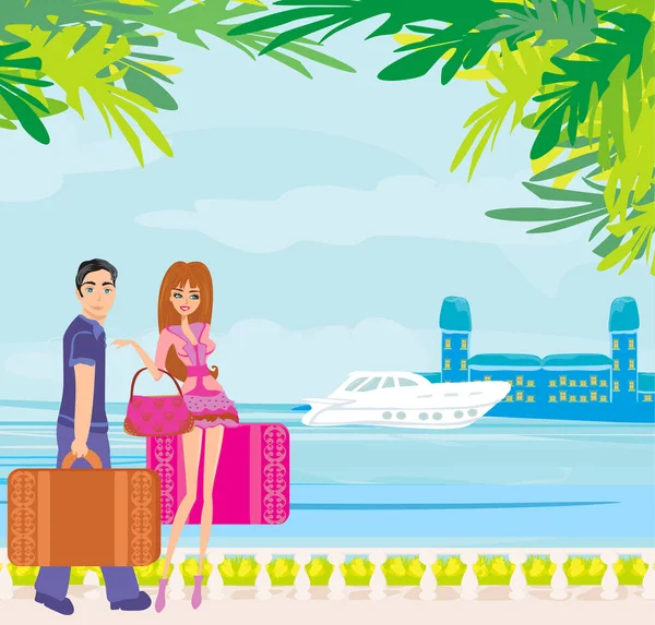 熱帯の休暇中にスーツケースを着た観光客が — ストックベクタ