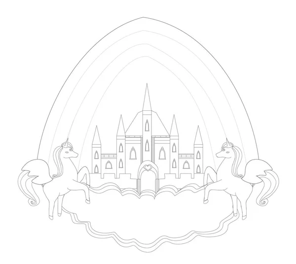 Bingkai Istana Dongeng Dan Unicorn Terbang Buku Mewarnai - Stok Vektor