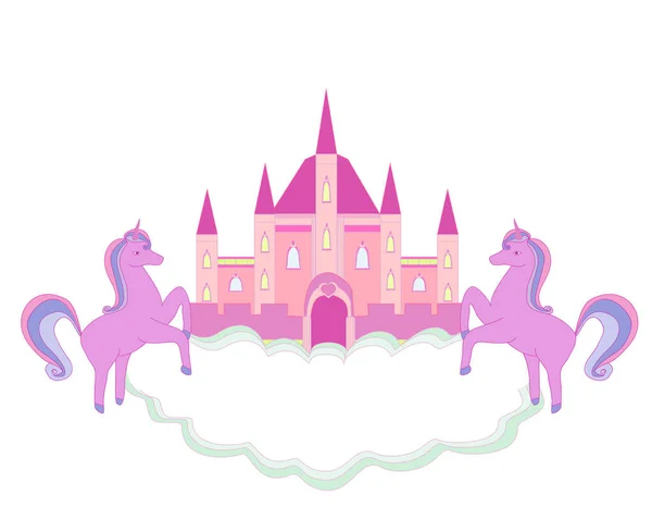 Fairytale Castle Frame Flying Unicorns — Stock Vector