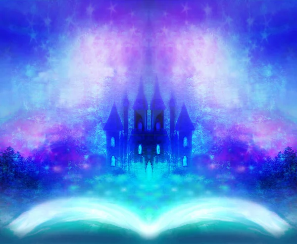 物語の魔法の世界 本から現れる妖精の城 — ストック写真
