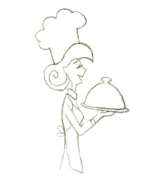 Cartoon Serveerster Holding Dish Geïsoleerde Doodle Illustratie — Stockfoto