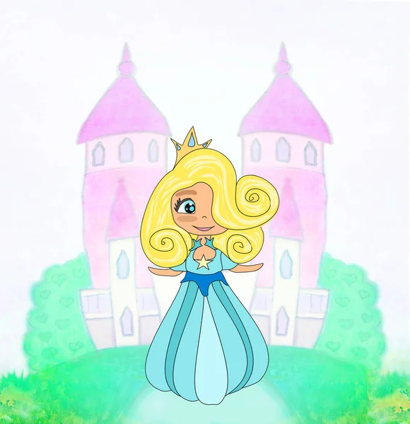 美丽的小公主在城堡前面 — 图库照片