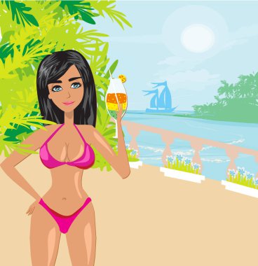 Seksi turist gezinti güvertesinde içki içiyor.