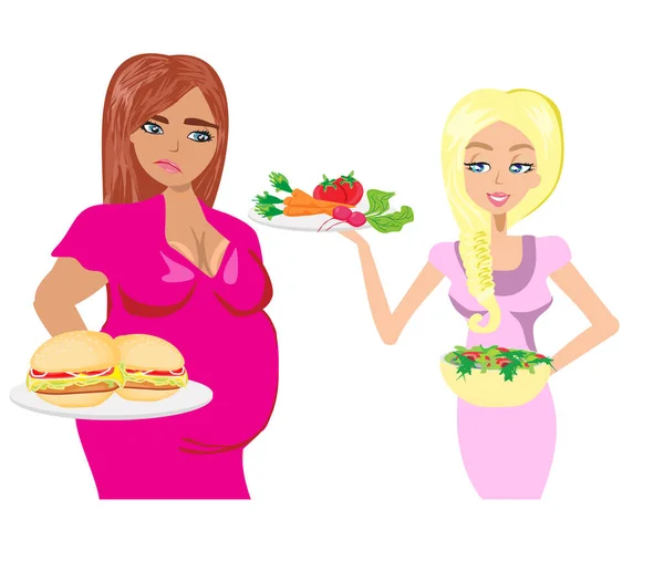 女性は健康的で不健康な食べ物を選び — ストックベクタ