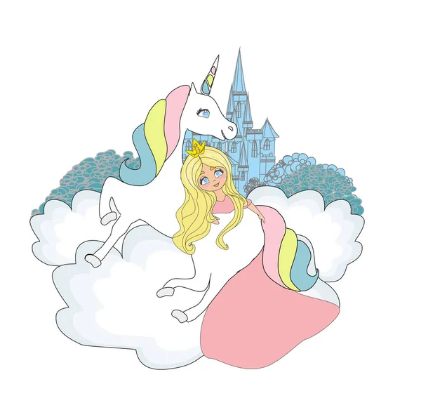 Krásná Mladá Princezna Jednorožec Doodle Ilustrace — Stockový vektor