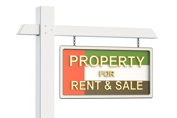 Immobili in vendita e affitto in UAE concetto. Segno immobiliare, 3D — Foto Stock