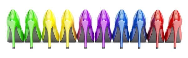 Rij van kleur hoge hak schoenen, 3D-rendering — Stockfoto