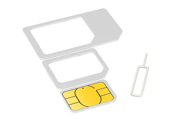Mini, Micro, Nano-SIM-Karten mit Auswurfstift. 3D-Darstellung — Stockfoto