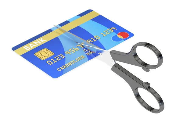 Forbici che tagliano un concetto di carta di credito, rendering 3D — Foto Stock