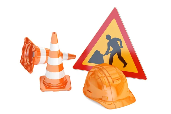Traffic cones, hardhat and road sign. Under construction concept — Stock Photo, Image