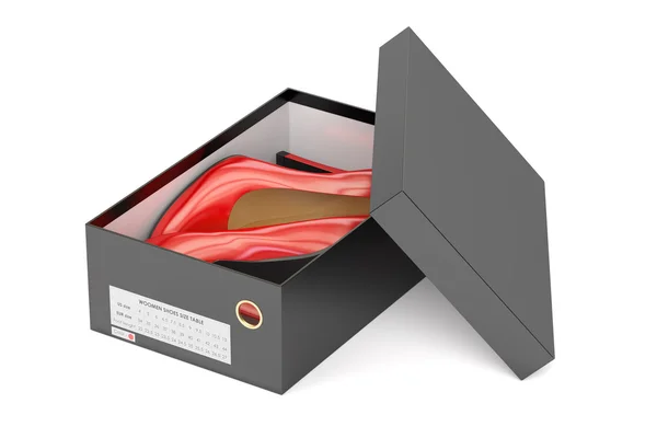 Czerwony wysoki obcas buty w pudełkach po butach czarny, renderowania 3d — Zdjęcie stockowe