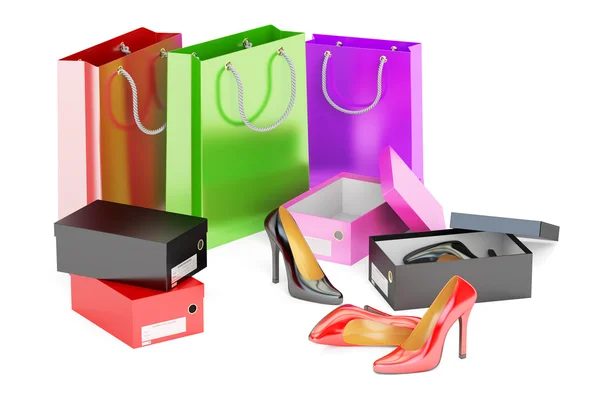 Concetto di shopping. Scarpe, shopping, borse e scatole da scarpe, rendering 3D — Foto Stock