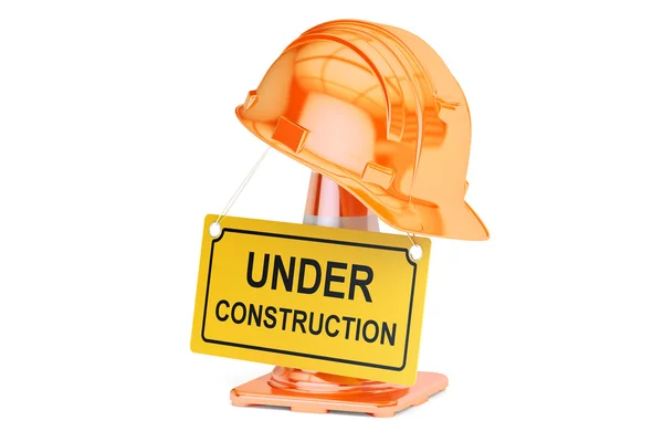 Under construction concept. Traffic cones, hardhat and roadsign — Stock Photo, Image