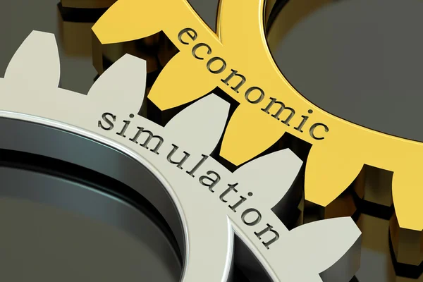 Concepto de simulación económica en las ruedas dentadas, renderizado 3D — Foto de Stock